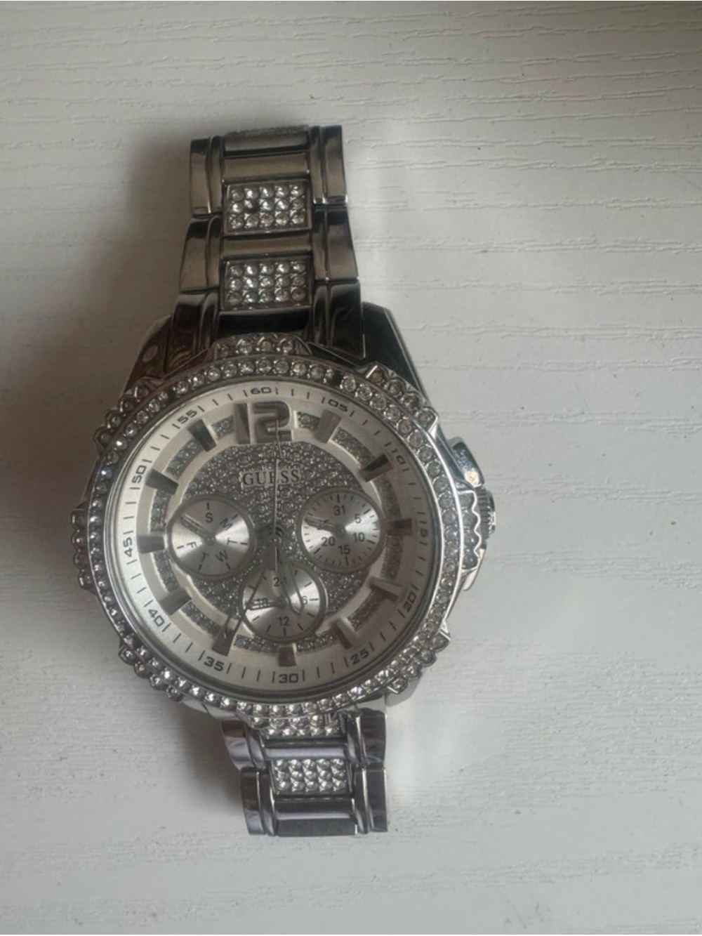 GUESS Silver Men’s Crystal-Embellished Chronograph Watch